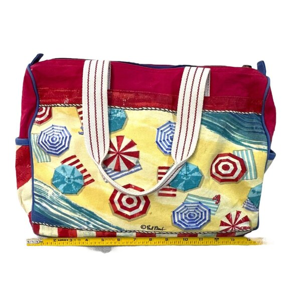 Colorful Beach Themed Canvas Tote Bag Red & White Striped Handles Paul Brent - Picture 6 of 8